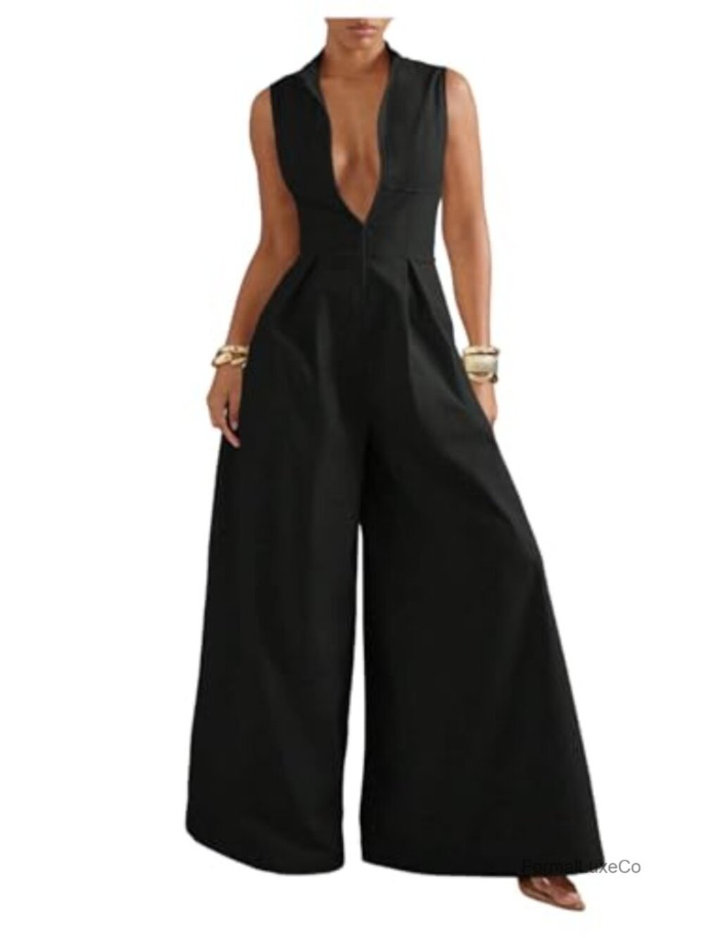 Wide Leg Jumpsuit Sleeveless Zip Up Mock Neck Formal One Piece